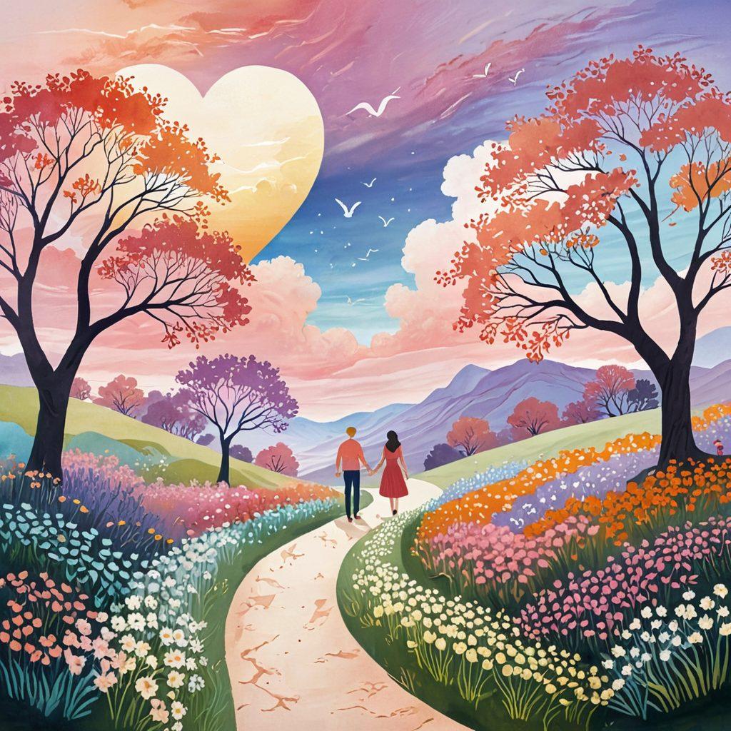 A serene landscape with a winding path symbolizing the journey of intimacy, featuring two diverse figures holding hands, surrounded by blooming flowers representing healthy relationships and sexual wellness. Soft pastel colors illuminate the scene, with subtle heart shapes in the background, symbolizing love and connection. The sky is painted with warm hues of dawn, signifying new beginnings. whimsical illustration. vibrant colors. white background.