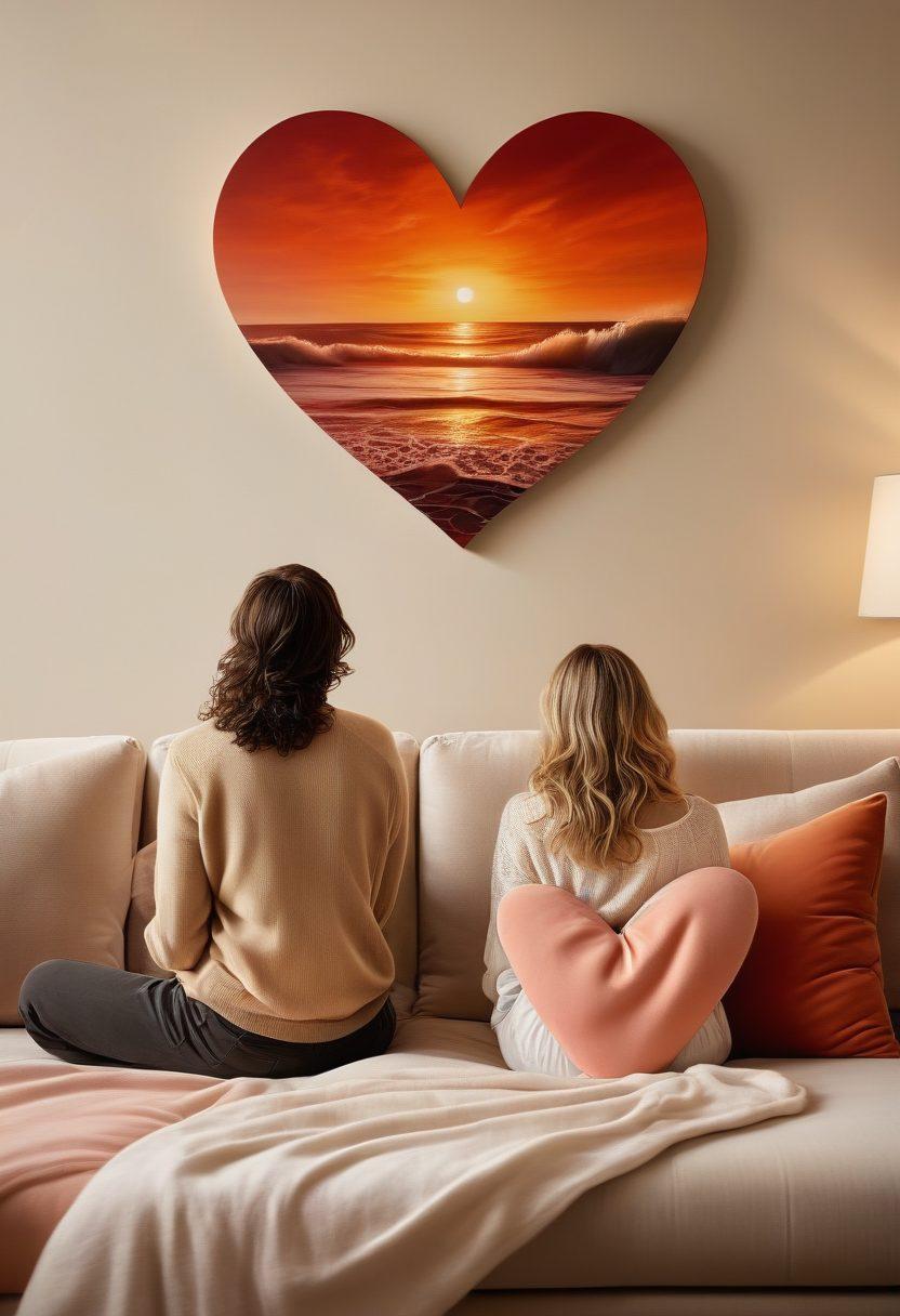 A cozy, intimate setting featuring a couple sitting together on a couch, surrounded by warm lighting, soft pillows, and a few health-related books scattered around. The couple is engaged in an open conversation, showcasing trust and connection, while elements like hearts or gentle waves illustrate romance and wellbeing. The background includes subtle symbols of sexual health like a heart-shaped wall art. super-realistic. warm colors. cozy atmosphere.