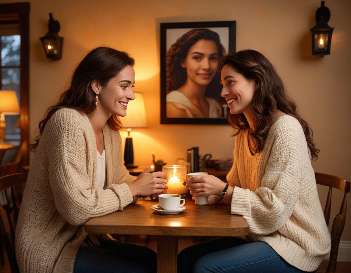 A warm and inviting scene of two people sharing a heartfelt conversation over coffee, surrounded by cozy, intimate decor. Incorporate subtle elements of connection, like intertwined hands and open body language, to symbolize deep bonds. The background features soft lighting and personal mementos that reflect shared experiences, creating a nurturing atmosphere. Utilize soft colors and a gentle focus to evoke feelings of warmth and intimacy. super-realistic. warm tones. cozy ambiance.